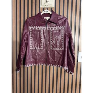 Angel +‎ Premium Faux Leather Embroidered Jacket Burgundy Size M